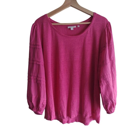 Chicos Pink Linen Top XL 3 Relaxed Fit Puff Sleeve Lightweight Fuschia Blouse - Picture 8 of 8
